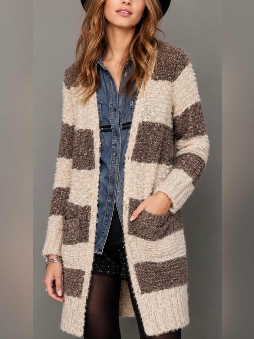 Free People - Rugby Stripe Brown Ivory Boucle Snap Closure Long Cardigan Small